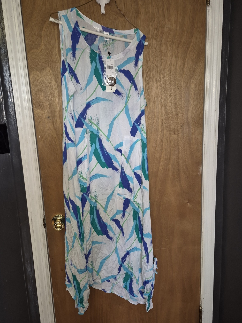 Kaktus White Maxi Dress with Blue and Teal Brushstrokes